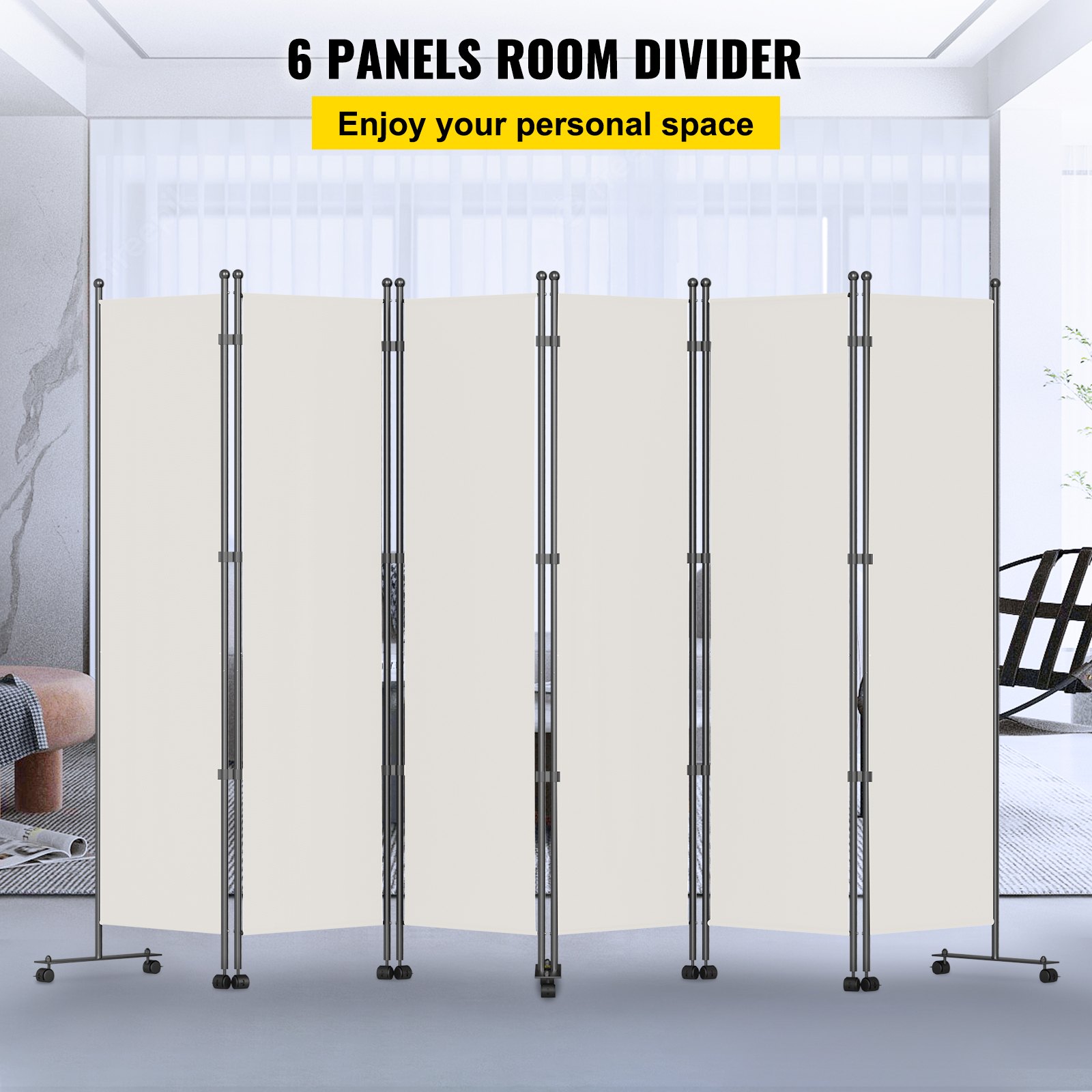 VEVOR 6 Panel Room Divider, 6 FT Tall, Freestanding & Folding Privacy Screen w/ Swivel Casters & Aluminum Alloy Frame, Oxford Bag Included, Room Partition for Office Home, 121" W x 14" D x 73"H, White