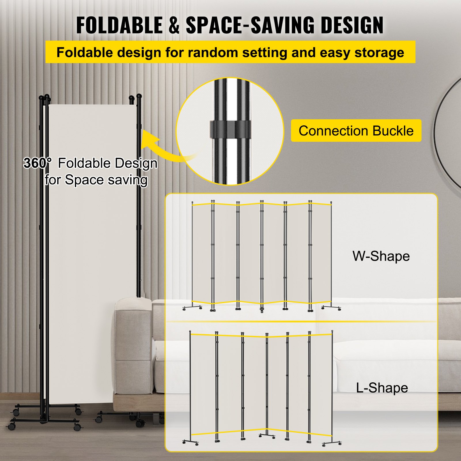 VEVOR 6 Panel Room Divider, 6 FT Tall, Freestanding & Folding Privacy Screen w/ Swivel Casters & Aluminum Alloy Frame, Oxford Bag Included, Room Partition for Office Home, 121" W x 14" D x 73"H, White
