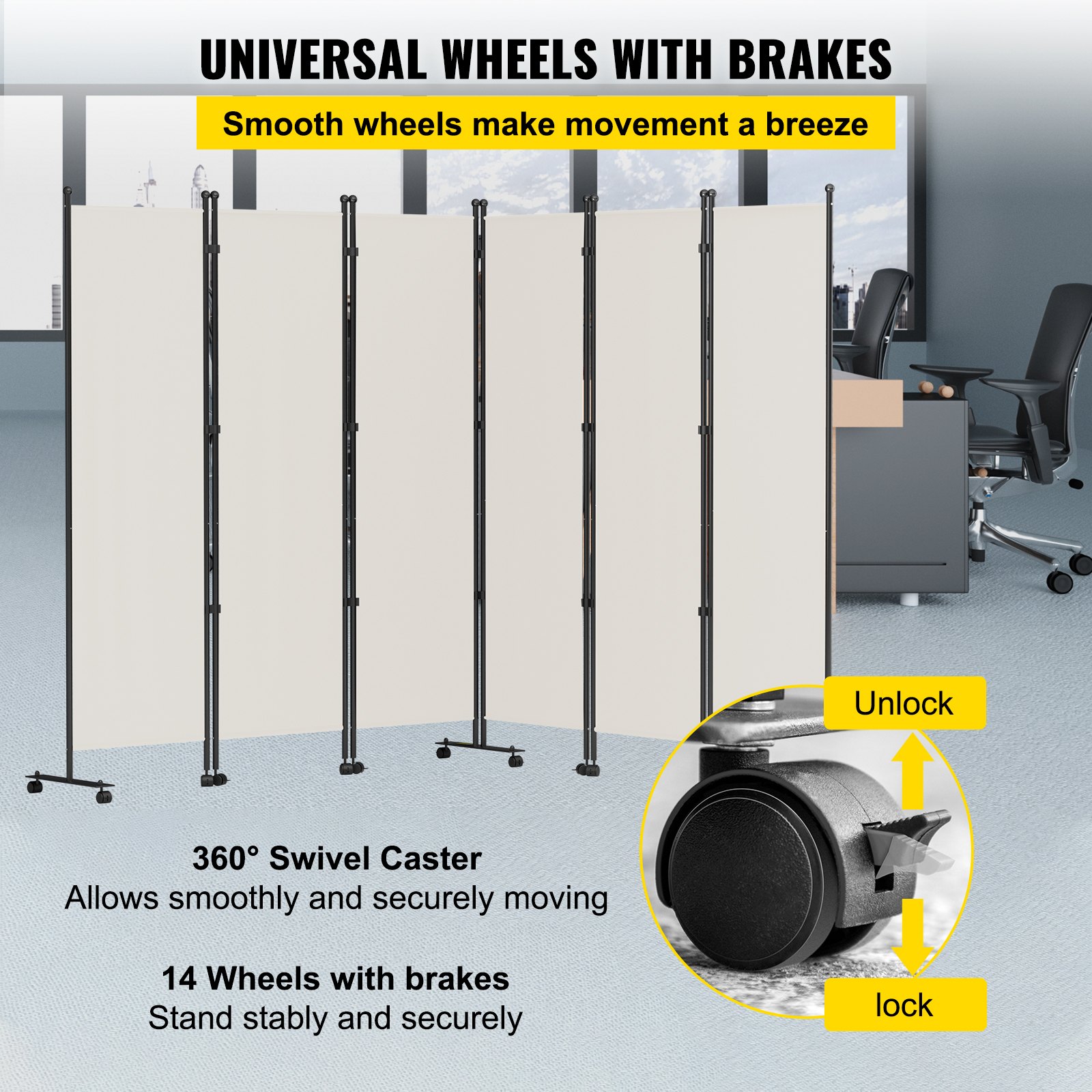 VEVOR 6 Panel Room Divider, 6 FT Tall, Freestanding & Folding Privacy Screen w/ Swivel Casters & Aluminum Alloy Frame, Oxford Bag Included, Room Partition for Office Home, 121" W x 14" D x 73"H, White