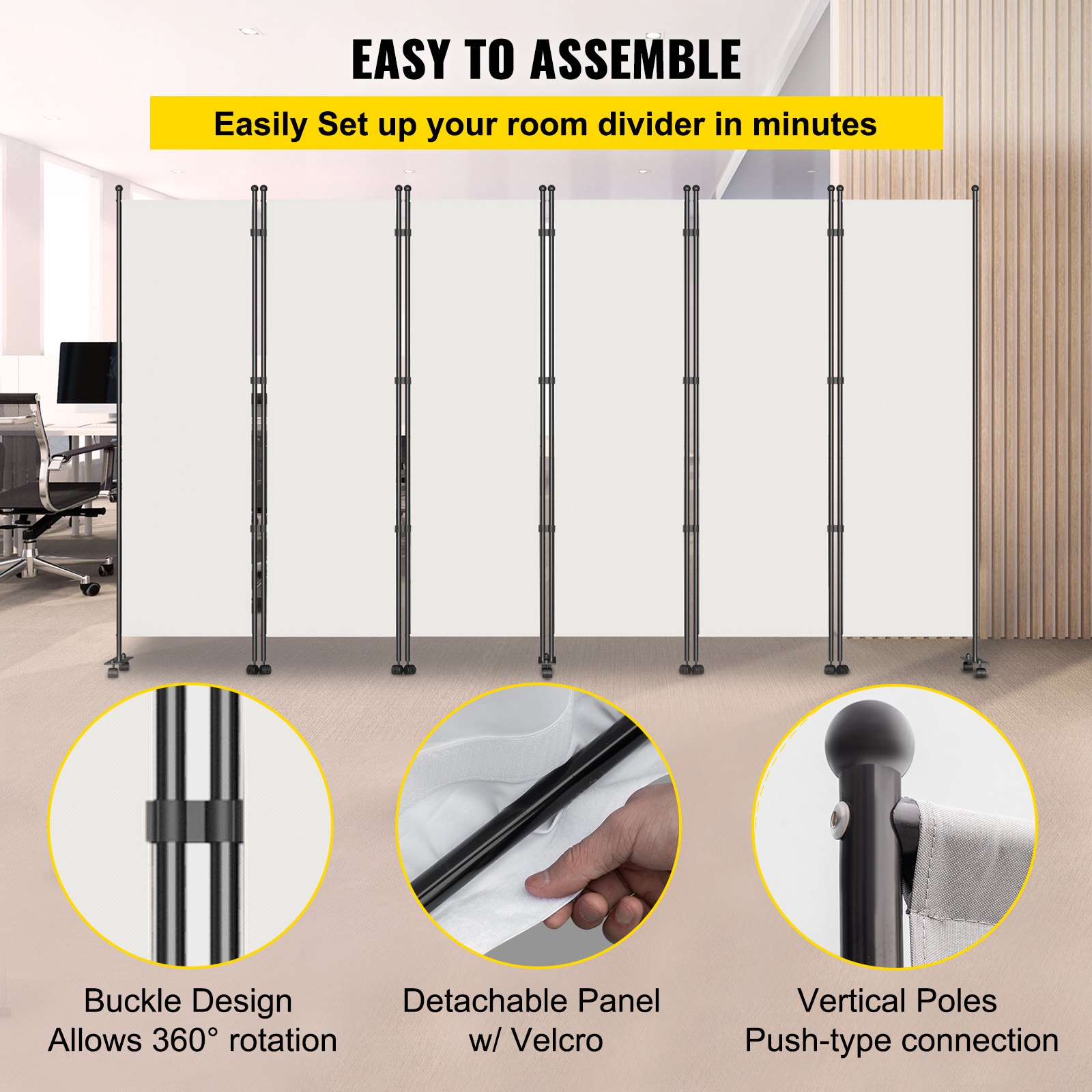 VEVOR 6 Panel Room Divider, 6 FT Tall, Freestanding & Folding Privacy Screen w/ Swivel Casters & Aluminum Alloy Frame, Oxford Bag Included, Room Partition for Office Home, 121" W x 14" D x 73"H, White