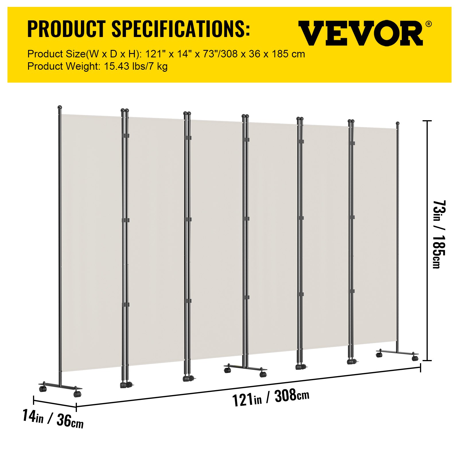 VEVOR 6 Panel Room Divider, 6 FT Tall, Freestanding & Folding Privacy Screen w/ Swivel Casters & Aluminum Alloy Frame, Oxford Bag Included, Room Partition for Office Home, 121" W x 14" D x 73"H, White