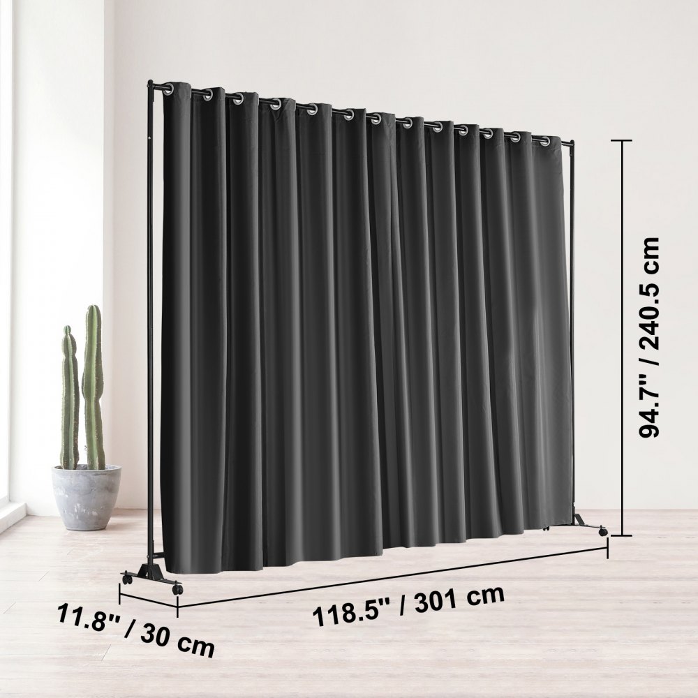 black VEVOR room divider with dimensions 94.7&quot; x 118.5&quot; in a modern room, cactus plant in the background.