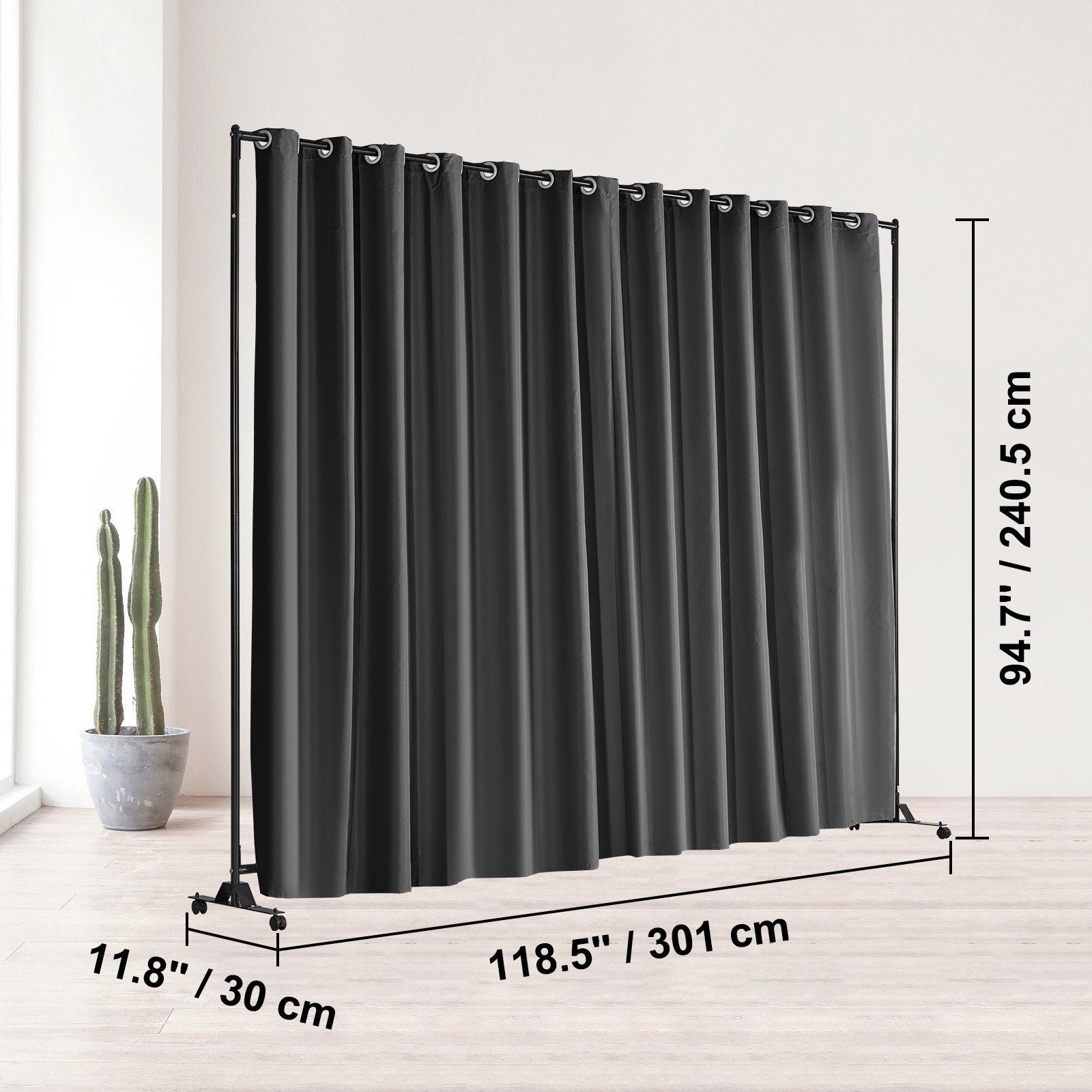 black VEVOR room divider with dimensions 94.7&quot; x 118.5&quot; in a modern room, cactus plant in the background.