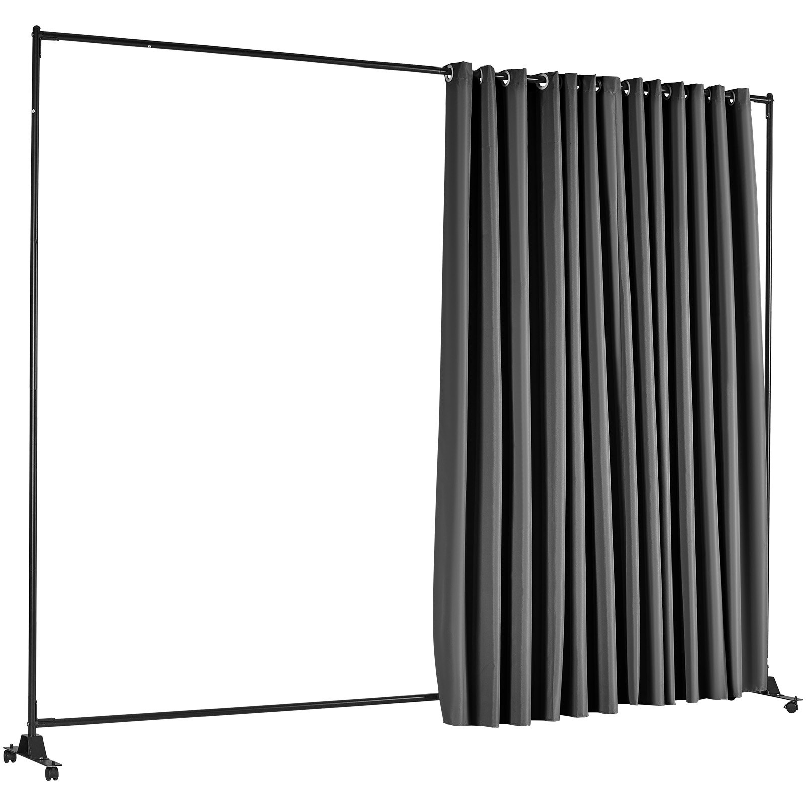 VEVOR room divider with black frame and dark curtain on wheels for flexible room separation.