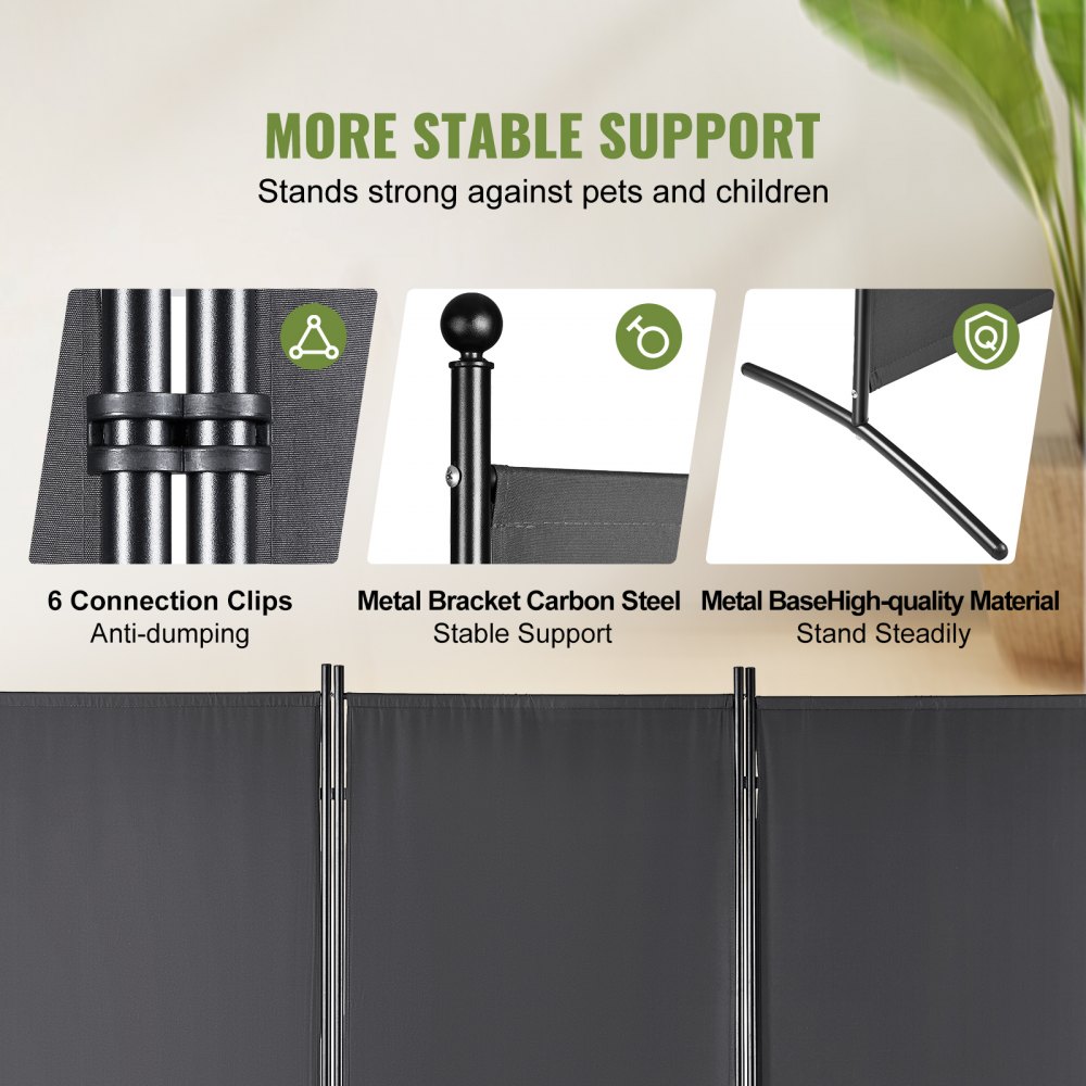 VEVOR room divider with stable support, 6 connection clips, carbon steel bracket, metal base.