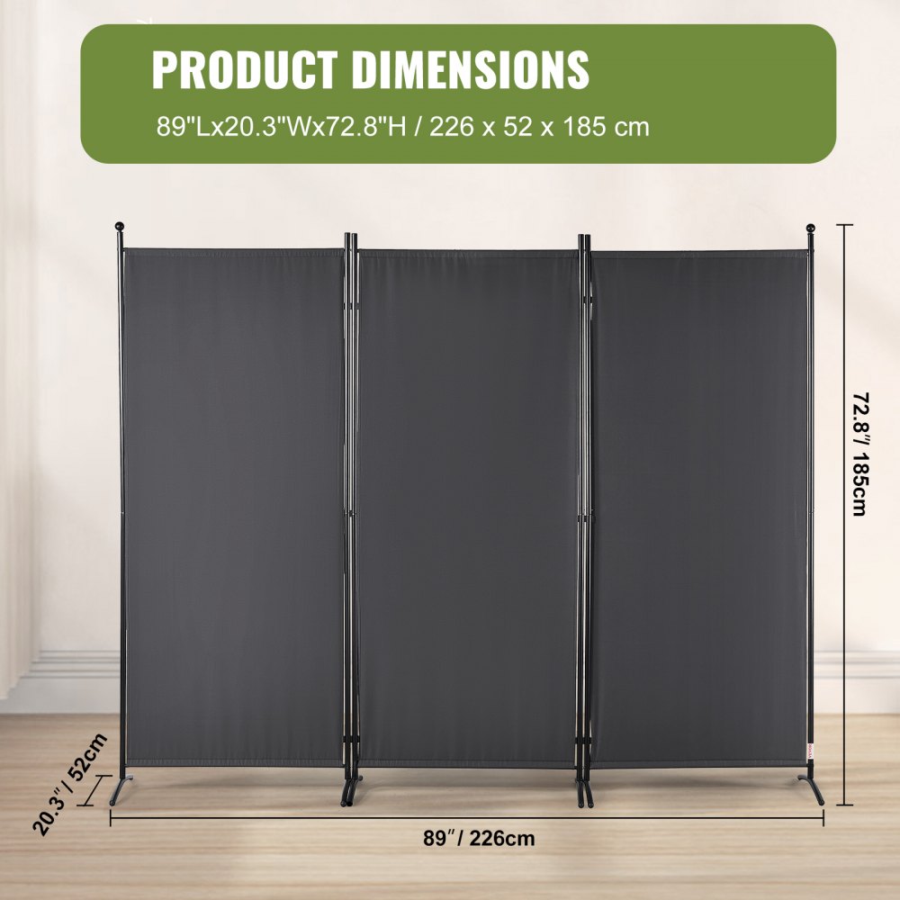 VEVOR room divider, dimensions 89&quot; l x 20.3&quot; w x 72.8&quot; h, in black with metal frame.