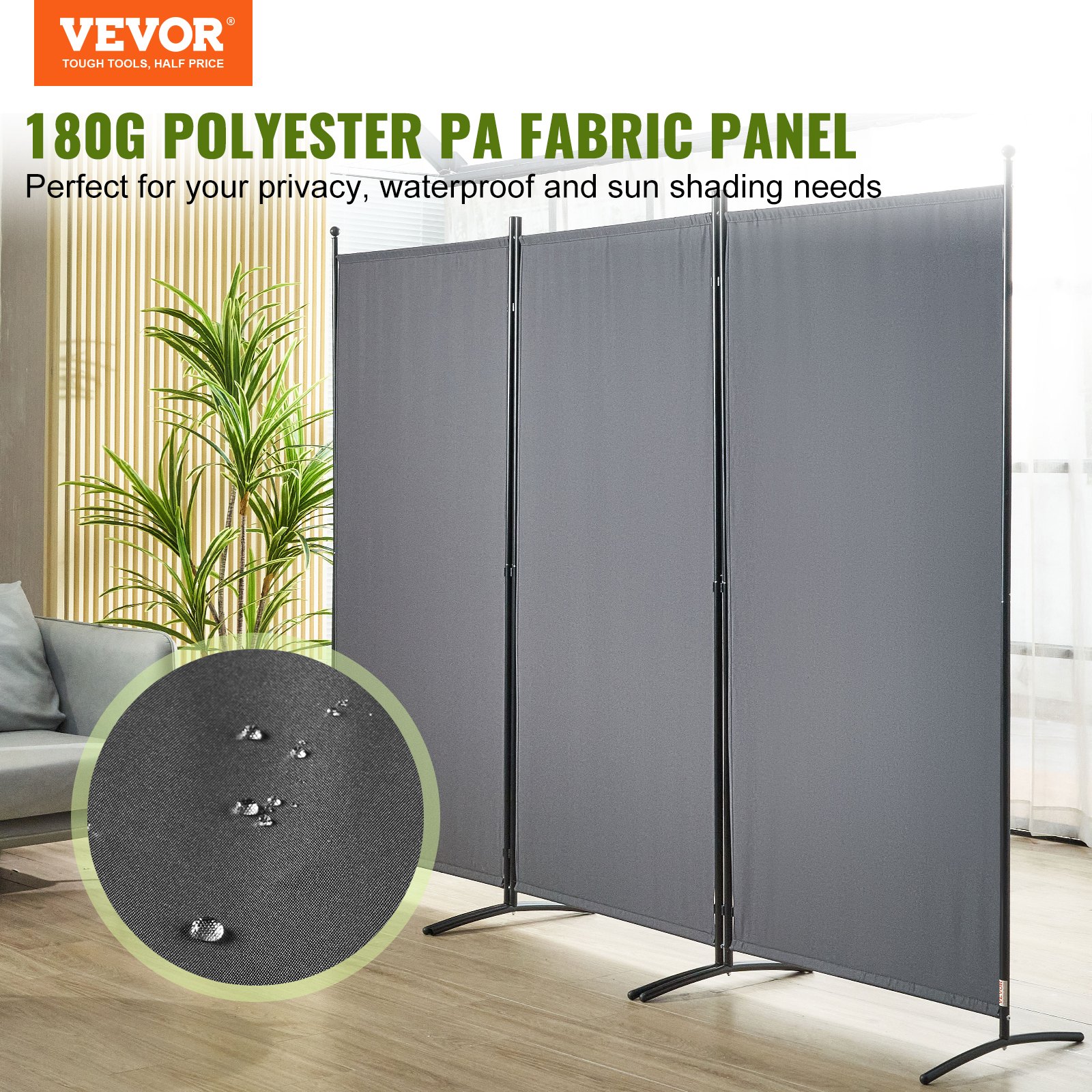VEVOR room divider with 180g polyester pa fabric, waterproof and sun shading, featuring a potted plant.