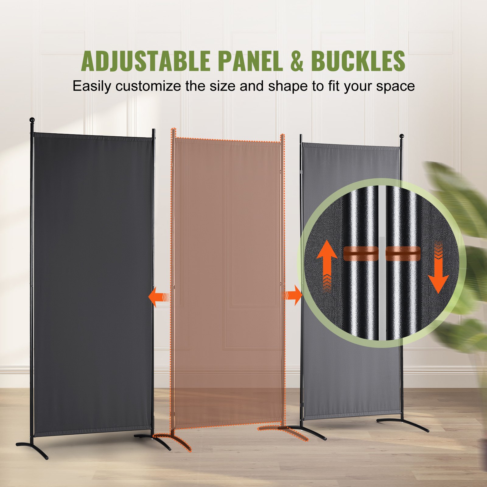 VEVOR room divider with adjustable panels and buckles, customizable size, and black frames.