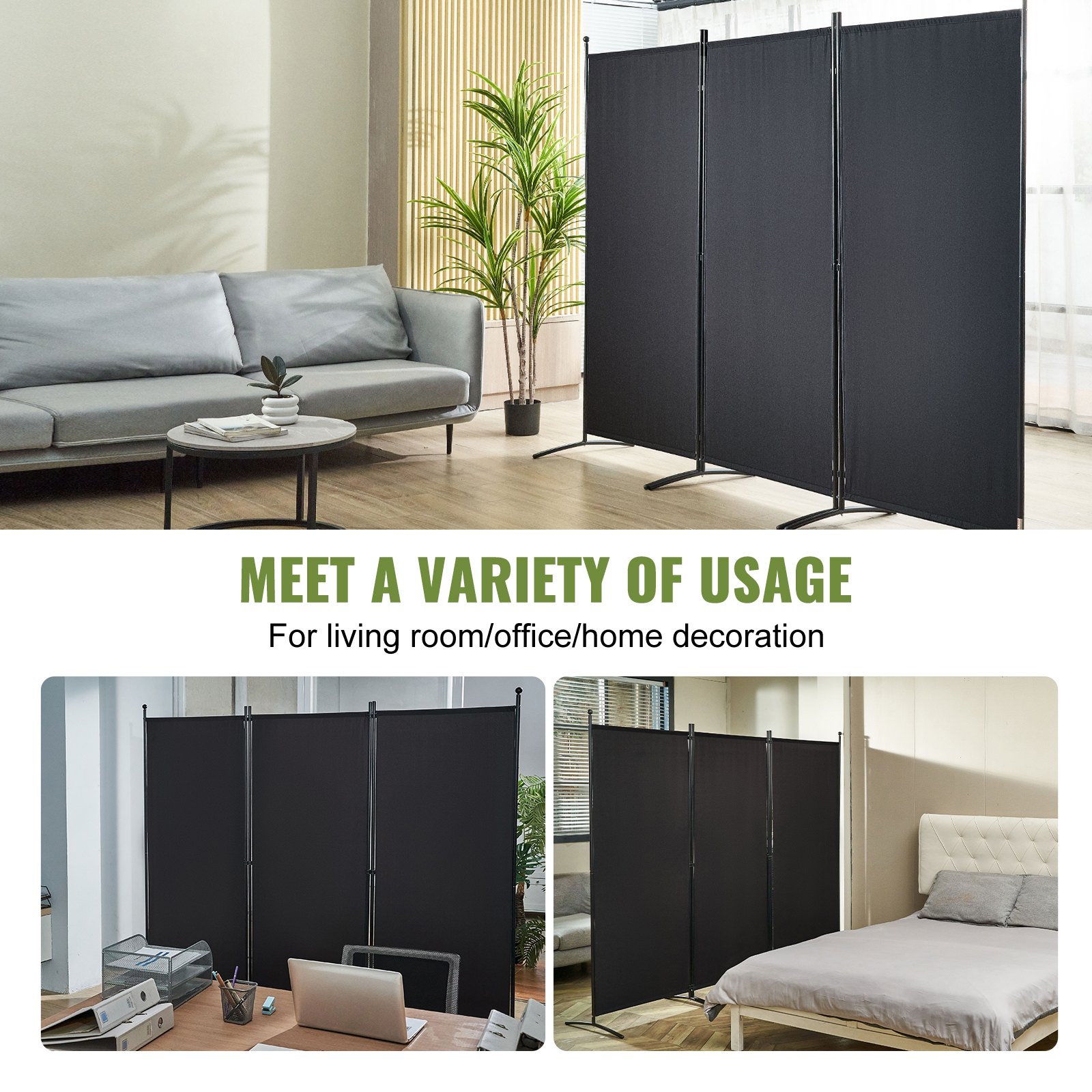 VEVOR Room Divider, 6.1 ft Room Dividers and Folding Privacy Screens (3-panel), Fabric Partition Room Dividers for Office, Bedroom, Dining Room, Study, Freestanding, Black