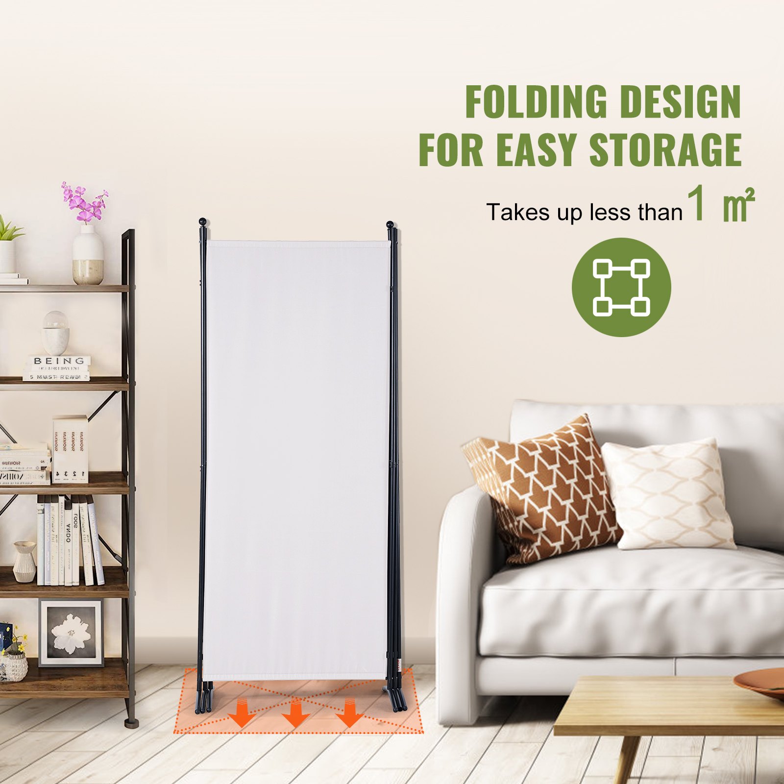 VEVOR room divider with folding design for easy storage, placed in a modern living room setup.