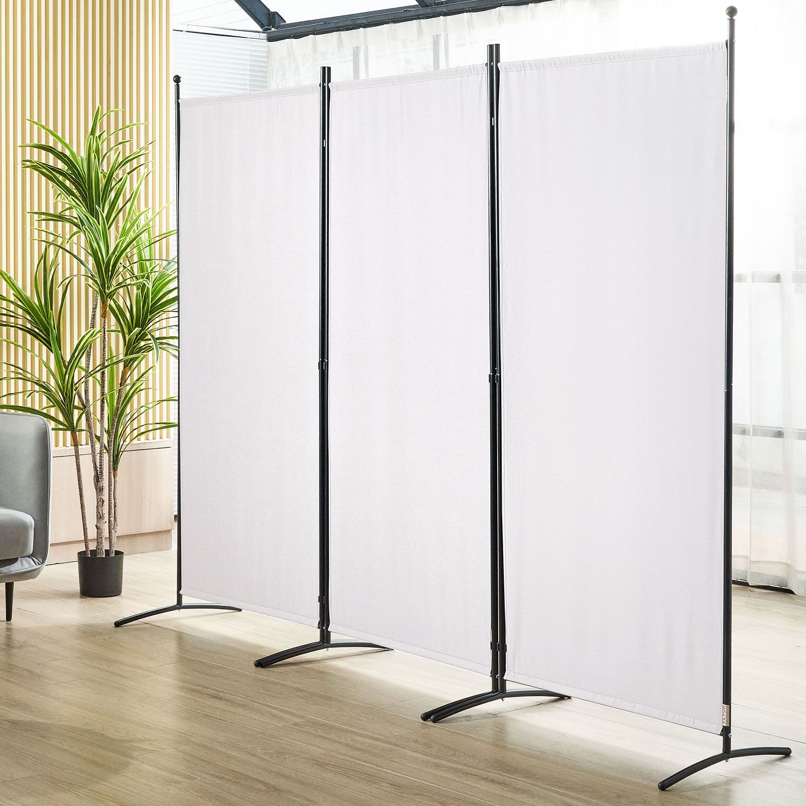 VEVOR room divider in modern living room with potted plant and wooden floor.