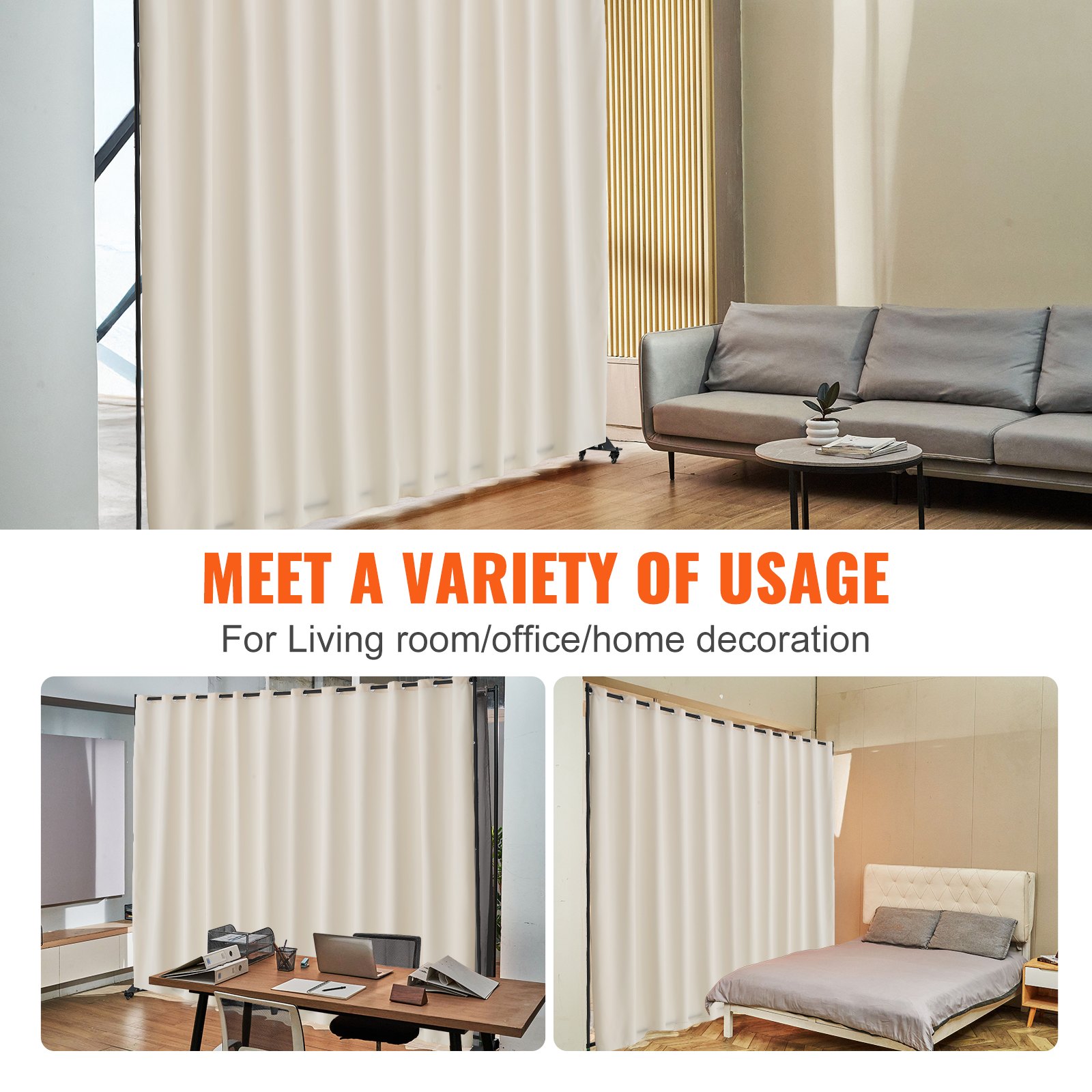 VEVOR Room Divider, Portable Panel Room Divider with Wheels Curtain Divider Stand, Freestanding Room Divider Privacy Screen for Office, Bedroom, Dining Room, Study, Beige