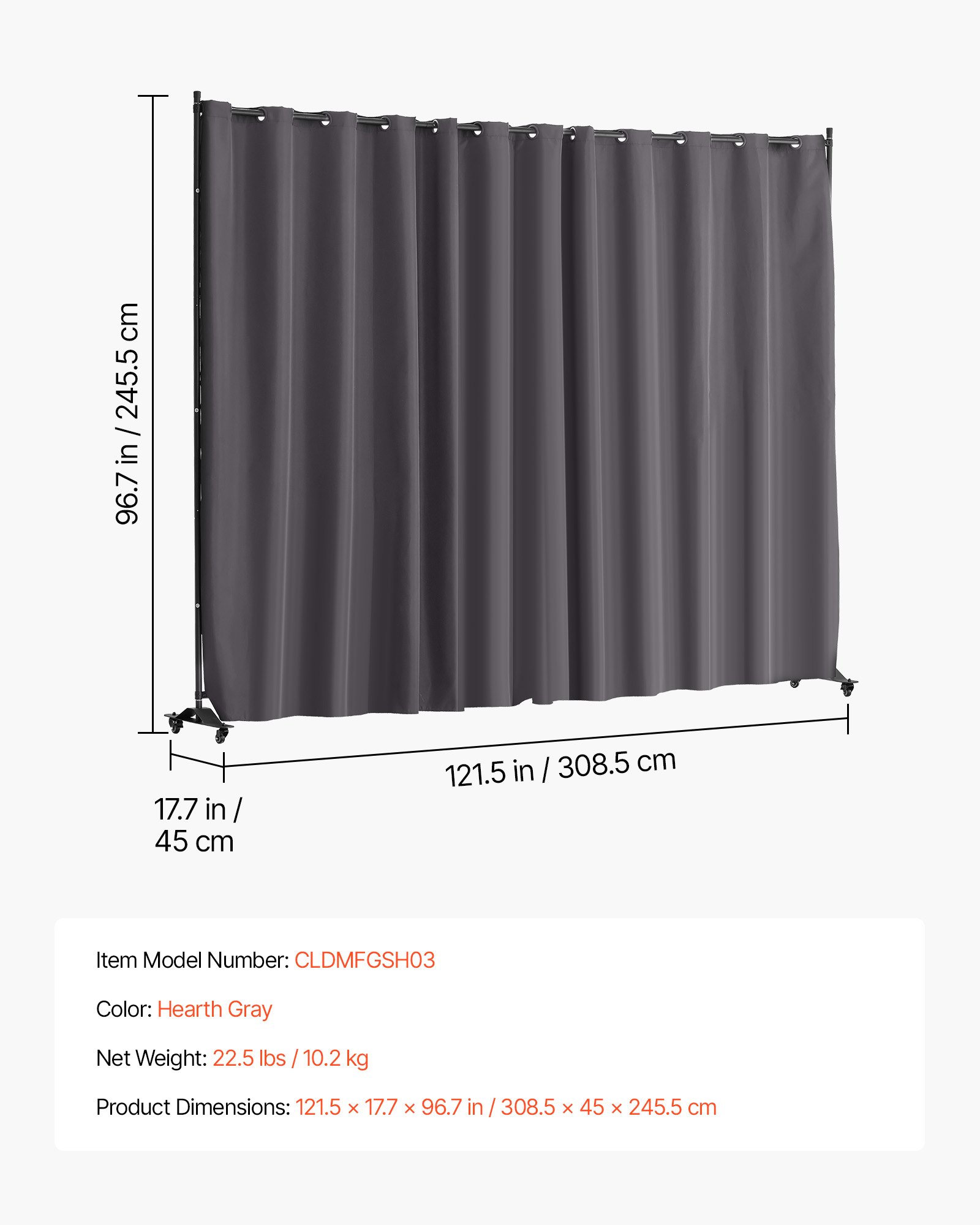 VEVOR Room Divider, Portable Panel Room Divider with Wheels Curtain Divider Stand, Freestanding Room Divider Privacy Screen for Office, Bedroom, Dining Room, Study, Gray