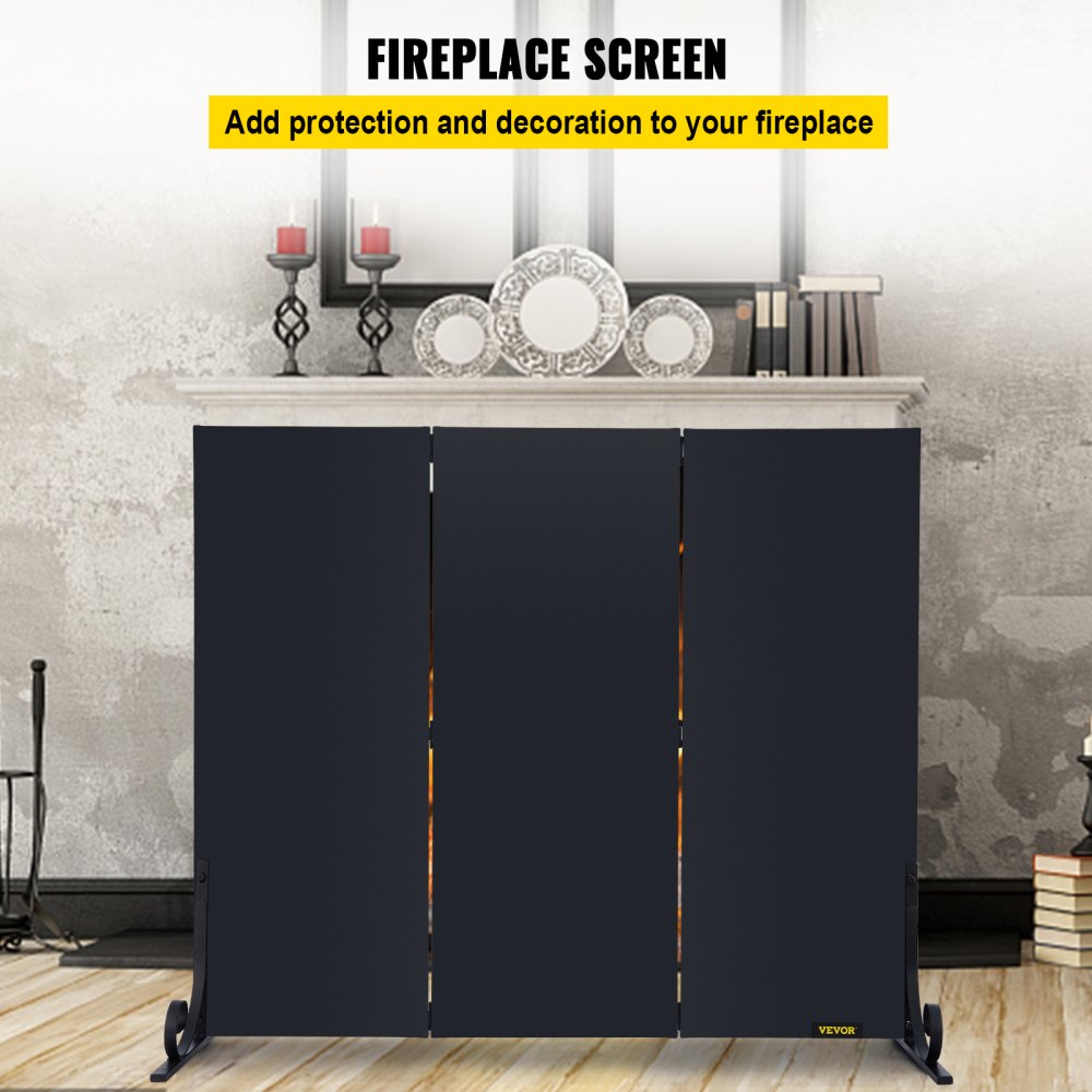 VEVOR Fireplace Screen, 38.8 x 32.7 Inch, 3-Panel Iron Freestanding Spark Guard with Support, Metal Craft, Broom Tong Shovel Poker Included, for Fireplace Decoration & Protection, Black