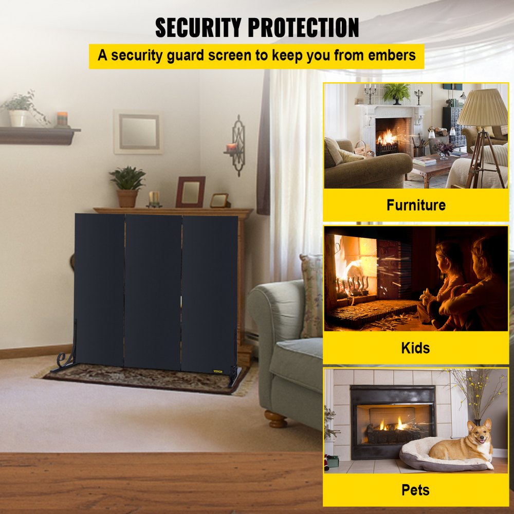 VEVOR Fireplace Screen, 38.8 x 32.7 Inch, 3-Panel Iron Freestanding Spark Guard with Support, Metal Craft, Broom Tong Shovel Poker Included, for Fireplace Decoration & Protection, Black