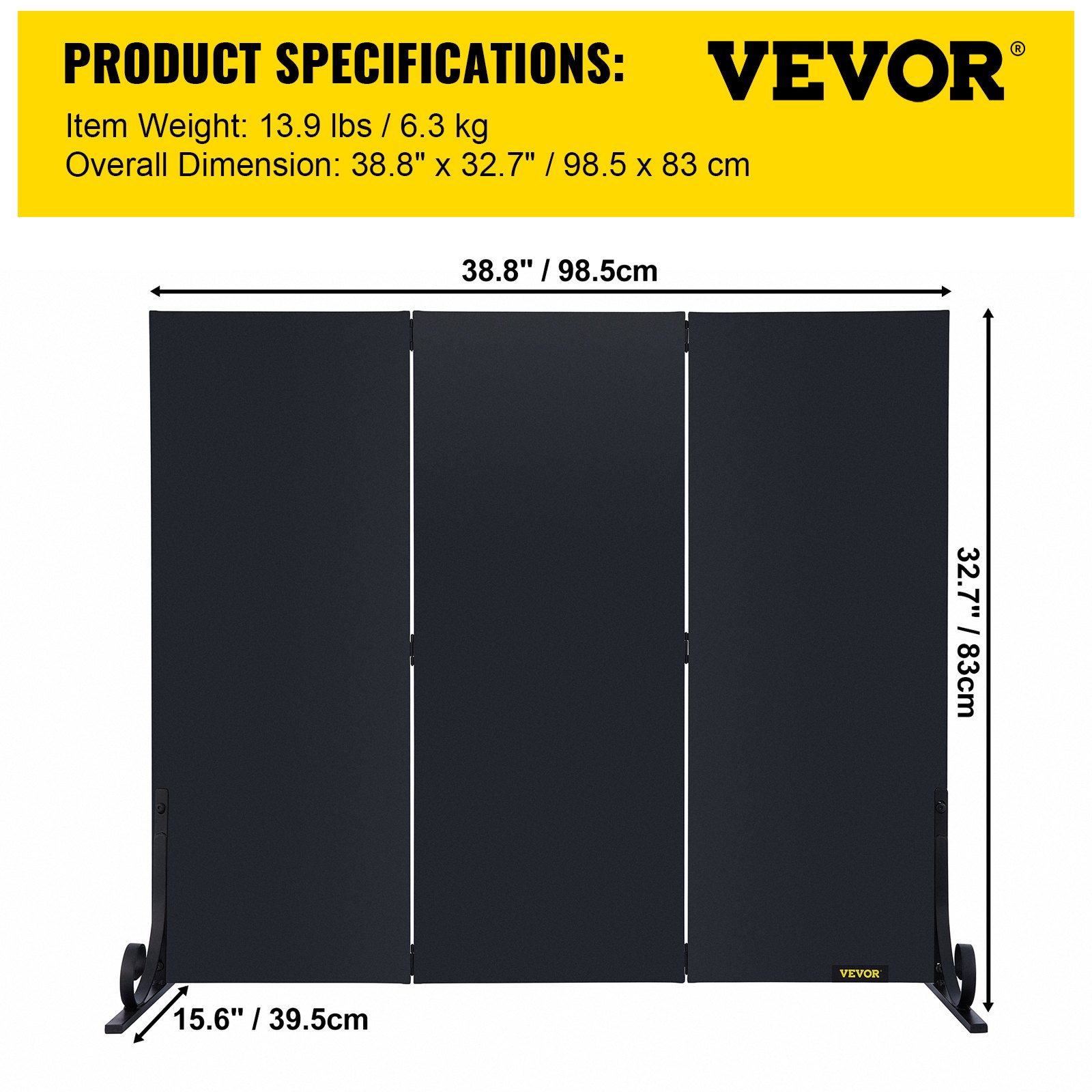VEVOR Fireplace Screen, 38.8 x 32.7 Inch, 3-Panel Iron Freestanding Spark Guard with Support, Metal Craft, Broom Tong Shovel Poker Included, for Fireplace Decoration & Protection, Black