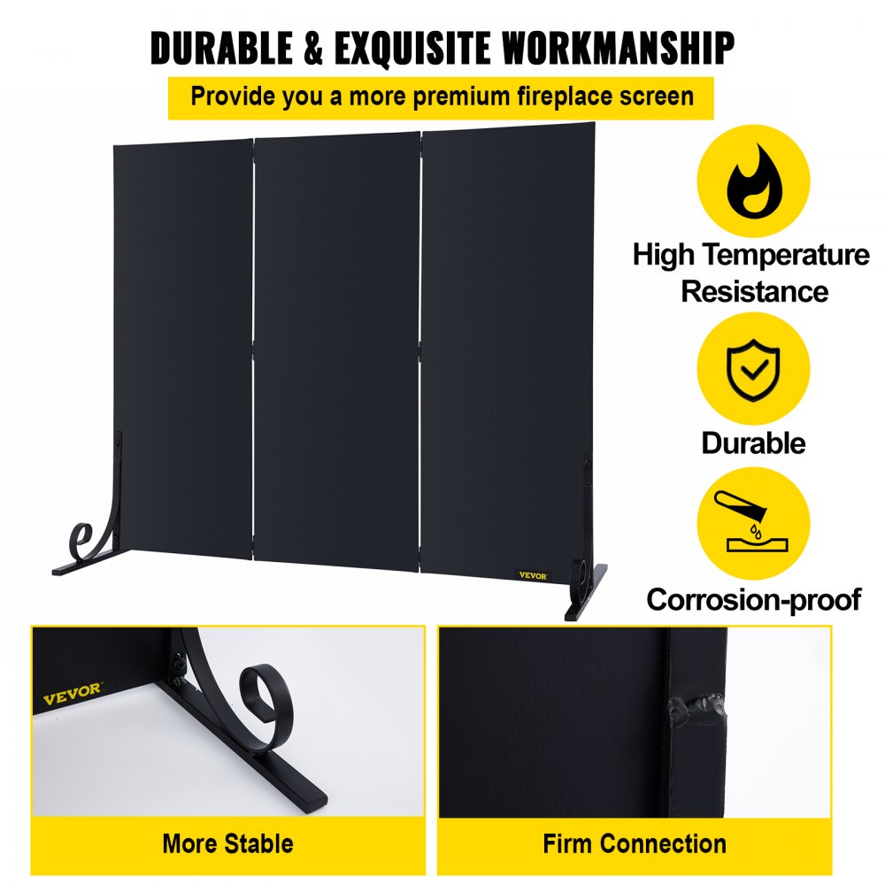 VEVOR Fireplace Screen, 47 x 34.3 Inch, 3-Panel Iron Freestanding Spark Guard with Support, Metal Craft, Broom Tong Shovel Poker Included, for Fireplace Decoration & Protection, Black