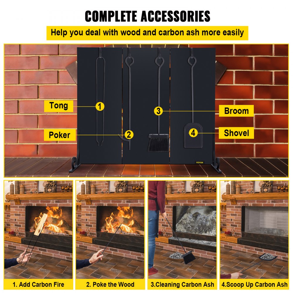 VEVOR Fireplace Screen, 47 x 34.3 Inch, 3-Panel Iron Freestanding Spark Guard with Support, Metal Craft, Broom Tong Shovel Poker Included, for Fireplace Decoration & Protection, Black