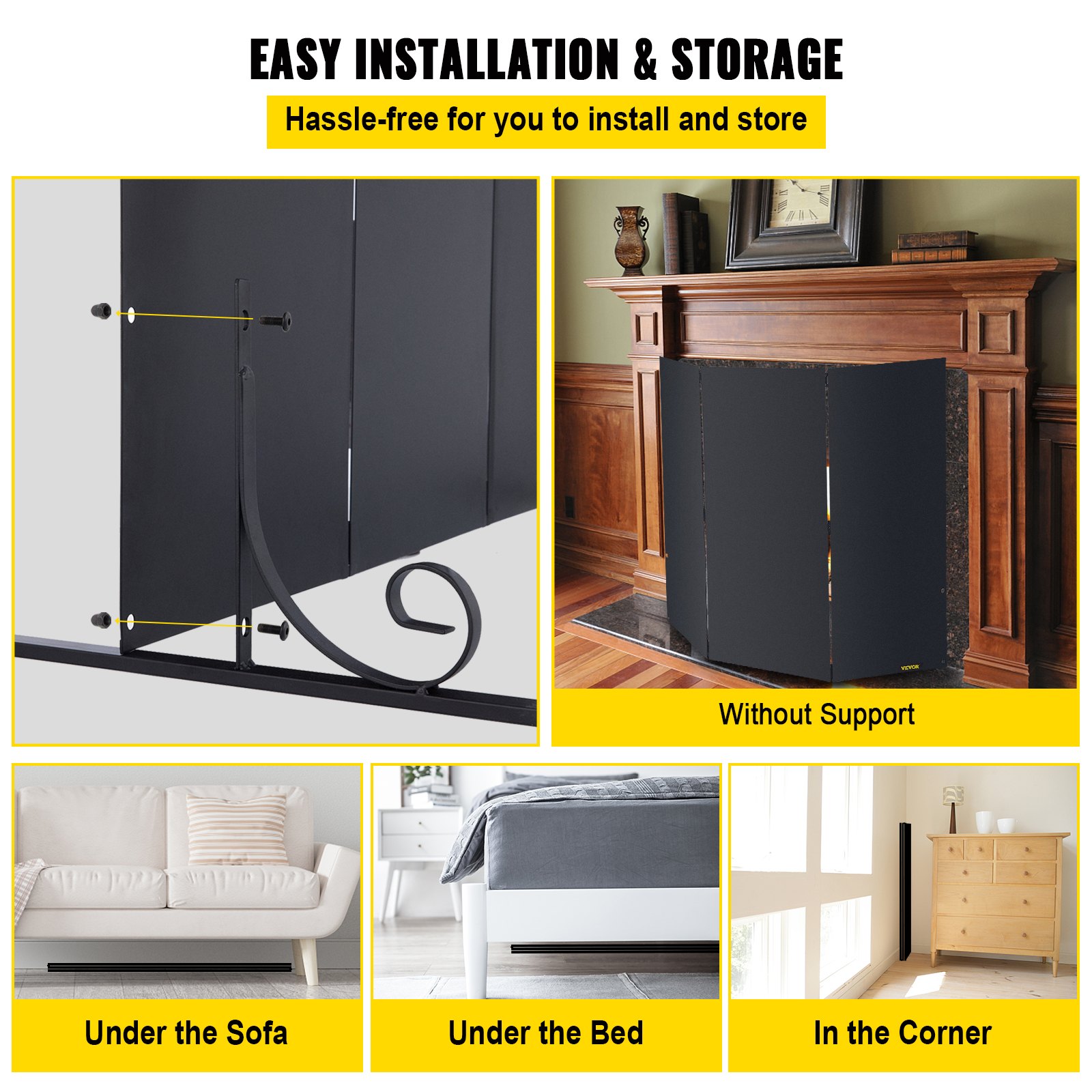 VEVOR Fireplace Screen, 47 x 34.3 Inch, 3-Panel Iron Freestanding Spark Guard with Support, Metal Craft, Broom Tong Shovel Poker Included, for Fireplace Decoration & Protection, Black