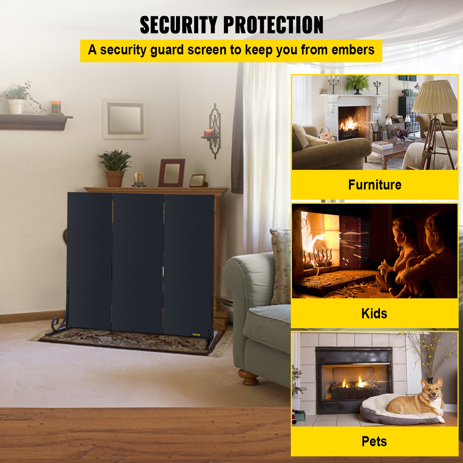 VEVOR Fireplace Screen, 47 x 34.3 Inch, 3-Panel Iron Freestanding Spark Guard with Support, Metal Craft, Broom Tong Shovel Poker Included, for Fireplace Decoration & Protection, Black