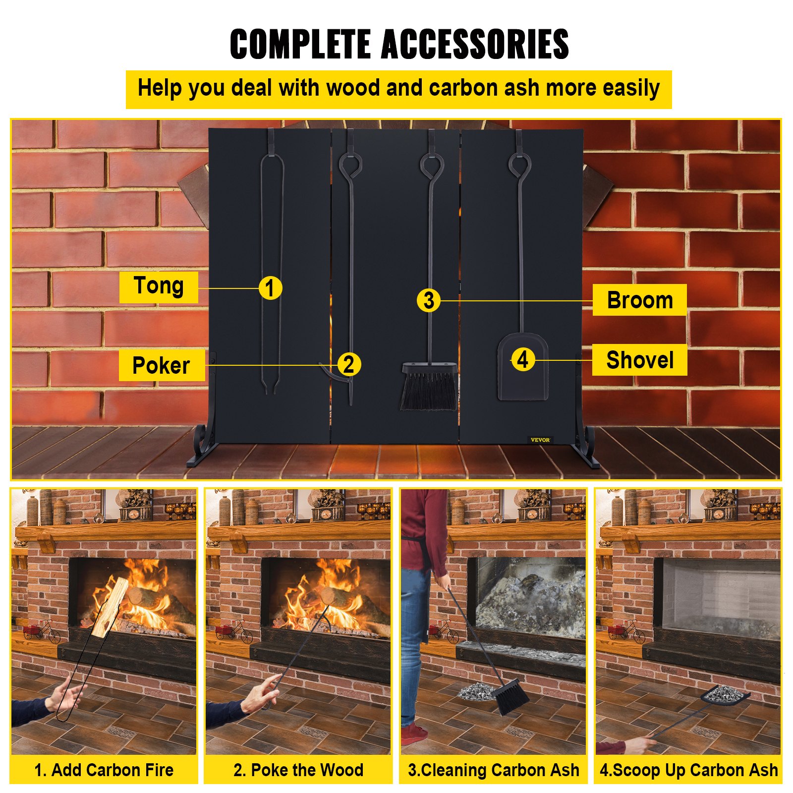 VEVOR Fireplace Screen, 47 x 34.3 Inch, 3-Panel Iron Freestanding Spark Guard with Support, Metal Craft, Broom Tong Shovel Poker Included, for Fireplace Decoration & Protection, Black