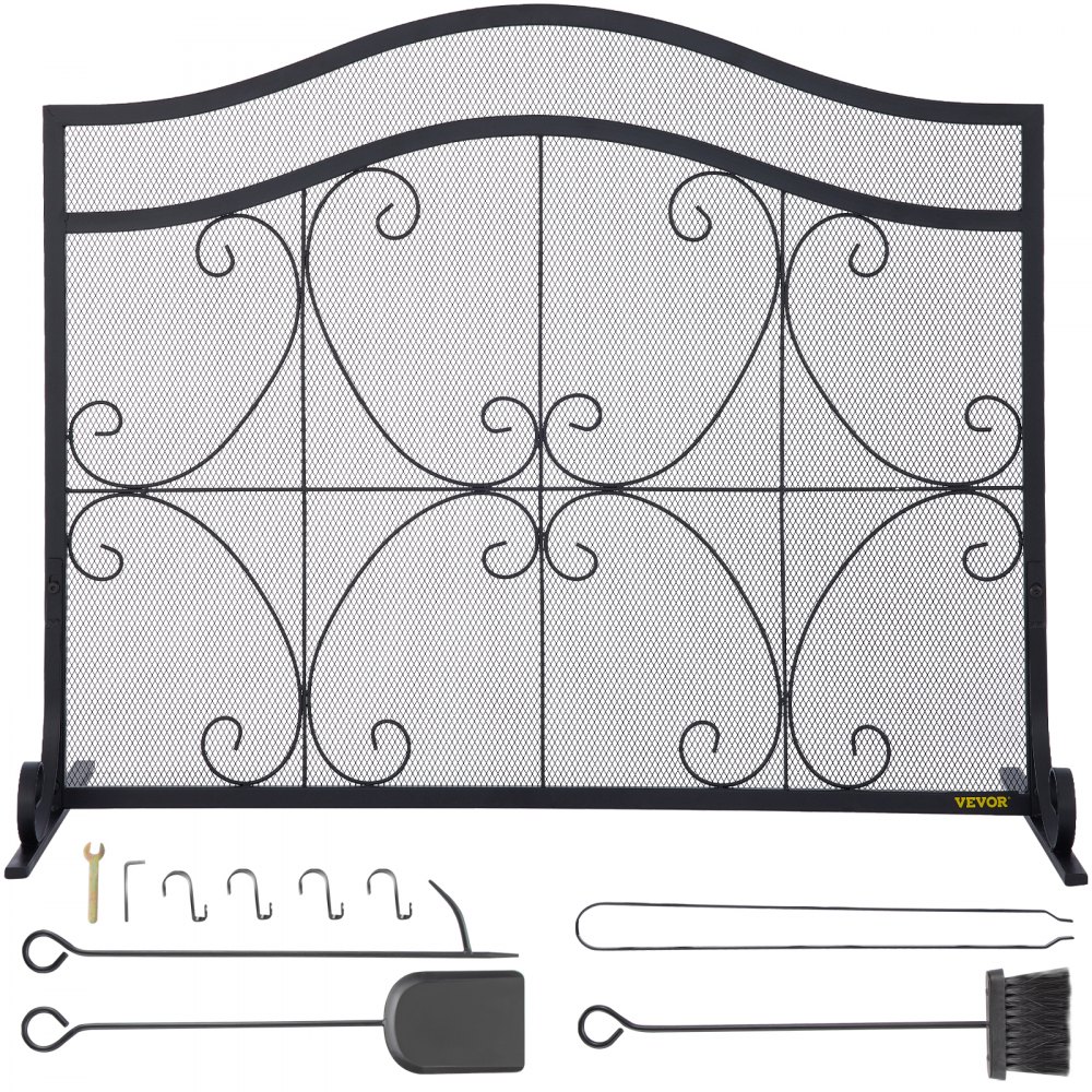 Fireplace Screen Heavy Duty Spark Guard Protector w/Tool Set, Solid Wrought  Iron Panels Wood Burning Stove Accessories, Indoor Home Fireplace Curtain