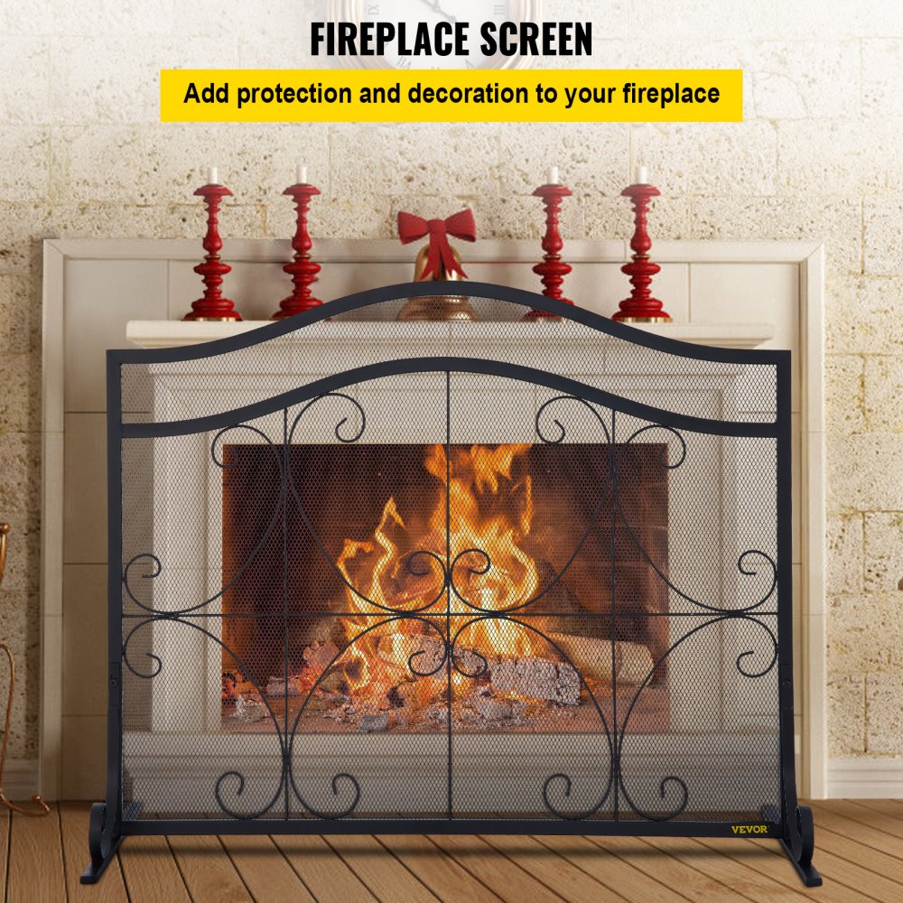 VEVOR Fireplace Screen, 38 x 26.5 Inch,Heavy Duty Iron Freestanding Spark  Guard with Support, Metal Mesh Craft, Broom Tong Shovel Poker Included for