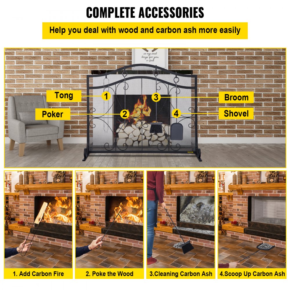 VEVOR Fireplace Screen, 38 x 26.5 Inch,Heavy Duty Iron Freestanding Spark Guard with Support, Metal Mesh Craft, Broom Tong Shovel Poker Included for Fireplace Decoration & Protection, Black