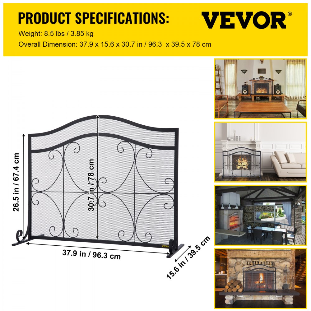 VEVOR Fireplace Screen, 38 x 26.5 Inch,Heavy Duty Iron Freestanding Spark Guard with Support, Metal Mesh Craft, Broom Tong Shovel Poker Included for Fireplace Decoration & Protection, Black