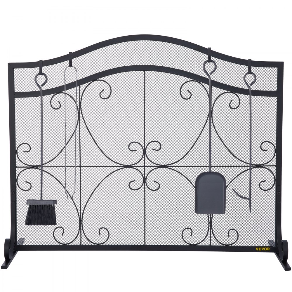 VEVOR Fireplace Screen, 38 x 26.5 Inch,Heavy Duty Iron Freestanding Spark Guard with Support, Metal Mesh Craft, Broom Tong Shovel Poker Included for Fireplace Decoration & Protection, Black