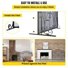 VEVOR Fireplace Screen, 38 x 26.5 Inch,Heavy Duty Iron Freestanding Spark Guard with Support, Metal Mesh Craft, Broom Tong Shovel Poker Included for Fireplace Decoration & Protection, Black