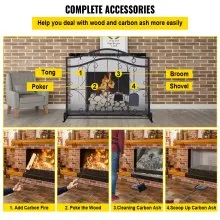 VEVOR Fireplace Screen, 38 x 26.5 Inch,Heavy Duty Iron Freestanding Spark Guard with Support, Metal Mesh Craft, Broom Tong Shovel Poker Included for Fireplace Decoration & Protection, Black