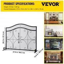 VEVOR Fireplace Screen, 38 x 26.5 Inch,Heavy Duty Iron Freestanding Spark Guard with Support, Metal Mesh Craft, Broom Tong Shovel Poker Included for Fireplace Decoration & Protection, Black