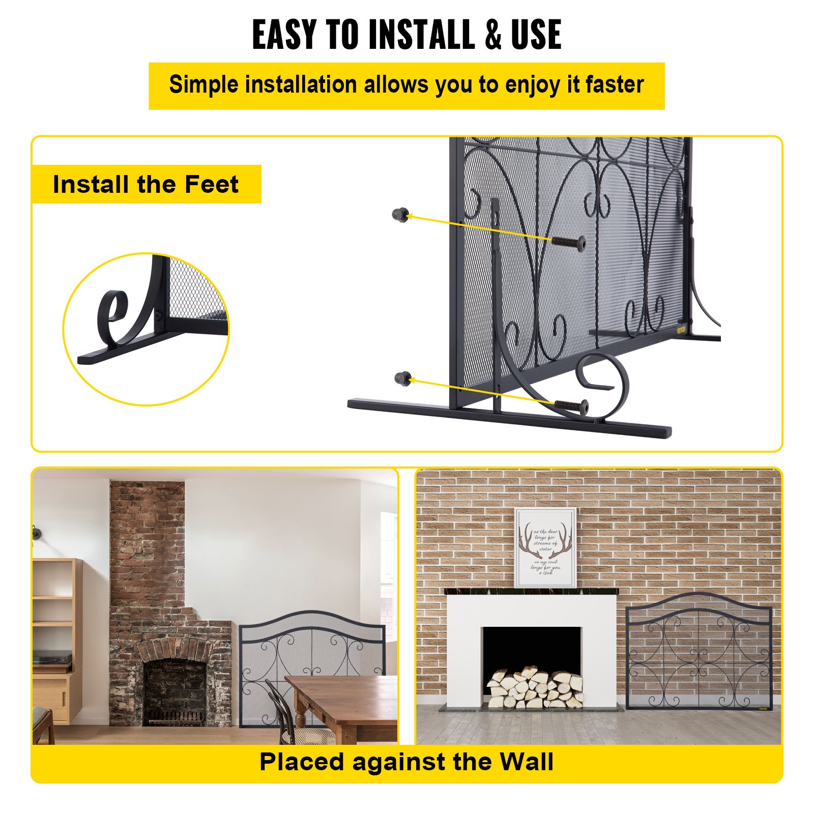 VEVOR Fireplace Screen, 38 x 26.5 Inch,Heavy Duty Iron Freestanding Spark Guard with Support, Metal Mesh Craft, Broom Tong Shovel Poker Included for Fireplace Decoration & Protection, Black