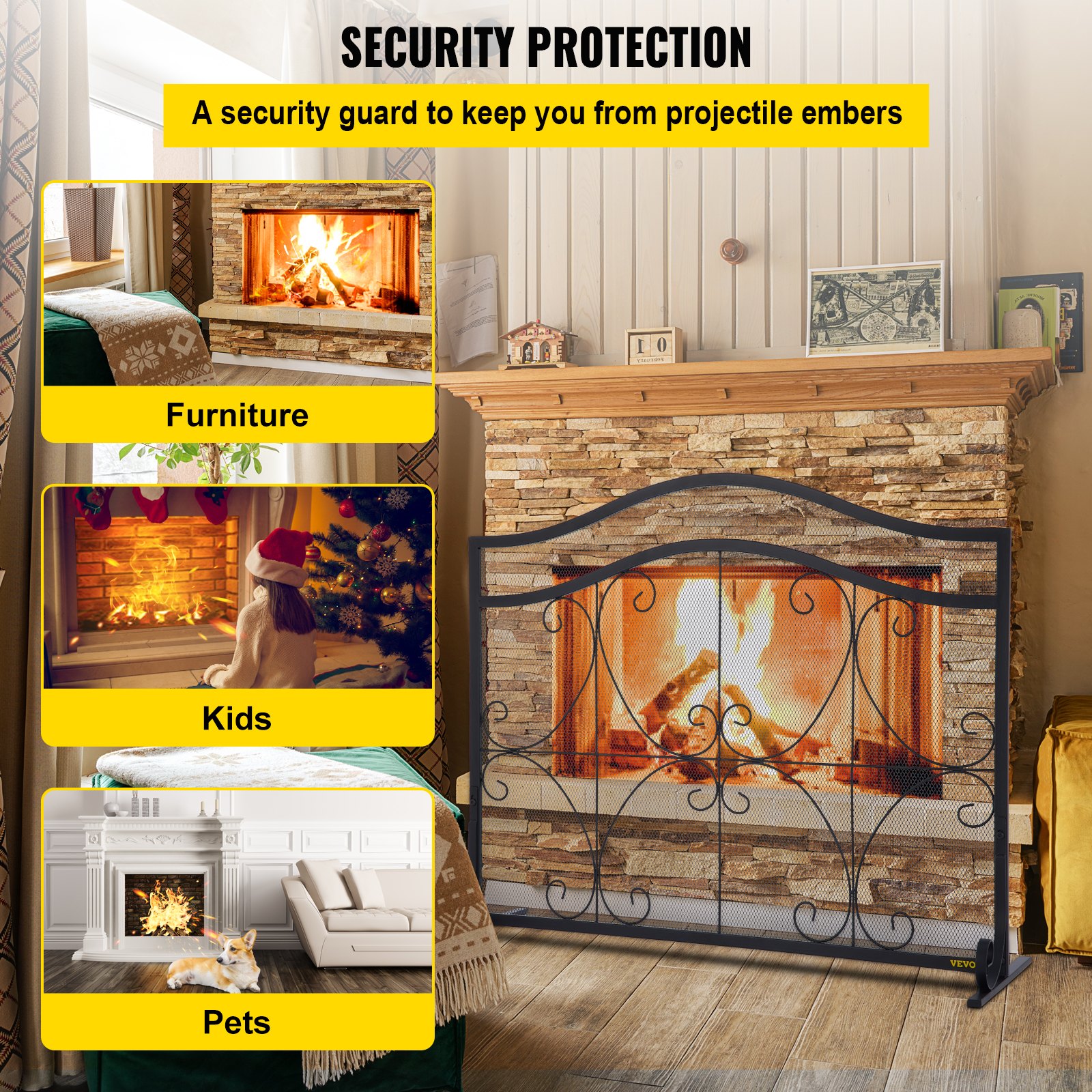 VEVOR Fireplace Screen, 38 x 26.5 Inch,Heavy Duty Iron Freestanding Spark Guard with Support, Metal Mesh Craft, Broom Tong Shovel Poker Included for Fireplace Decoration & Protection, Black