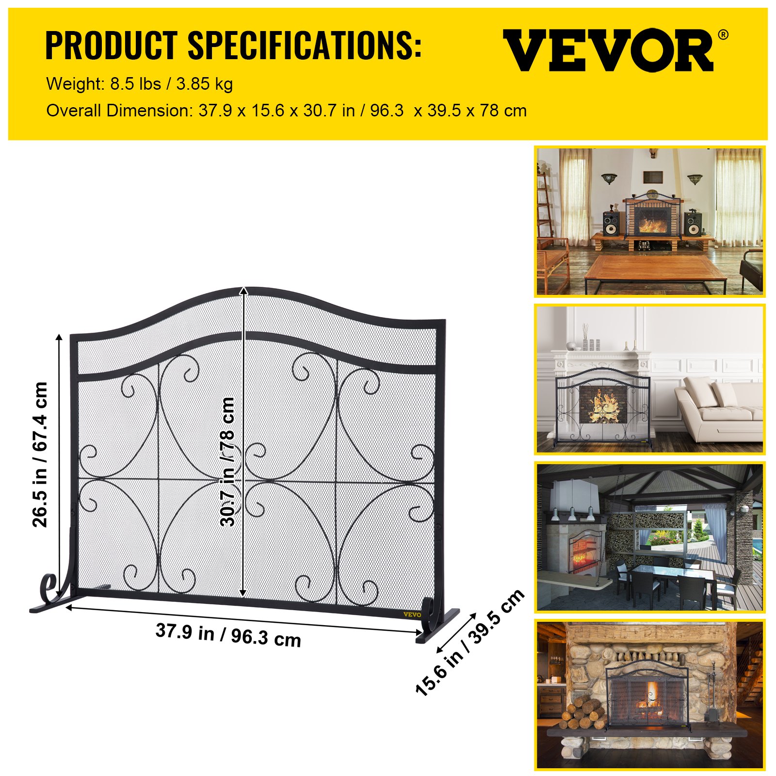 VEVOR Fireplace Screen, 38 x 26.5 Inch,Heavy Duty Iron Freestanding Spark Guard with Support, Metal Mesh Craft, Broom Tong Shovel Poker Included for Fireplace Decoration & Protection, Black