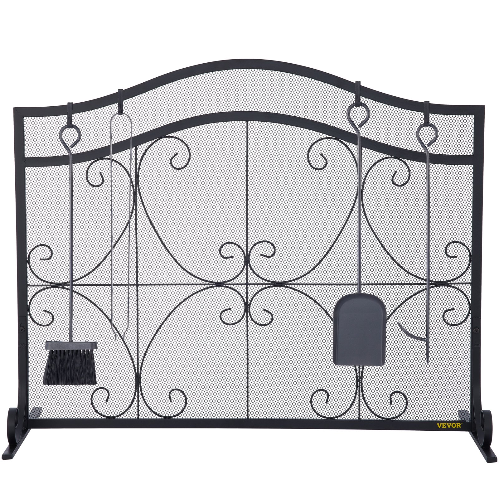 VEVOR Fireplace Screen, 38 x 26.5 Inch,Heavy Duty Iron Freestanding Spark Guard with Support, Metal Mesh Craft, Broom Tong Shovel Poker Included for Fireplace Decoration & Protection, Black