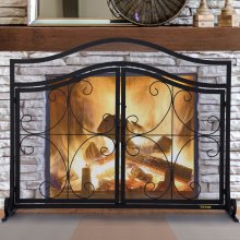 VEVOR Fireplace Screen, 39 x 26.6 Inch, Double Door Iron Freestanding Spark Guard with Support, Metal Mesh Craft, Broom Tong Shovel Poker Included for Fireplace Decoration & Protection, Black