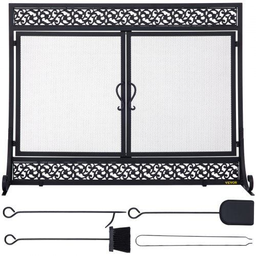 VEVOR Fireplace Screen, 39 x 31 Inch, Double Door Iron Freestanding Spark Guard with Support, Metal Mesh Craft, Broom Tong Shovel Poker Included for Fireplace Decoration & Protection, Black