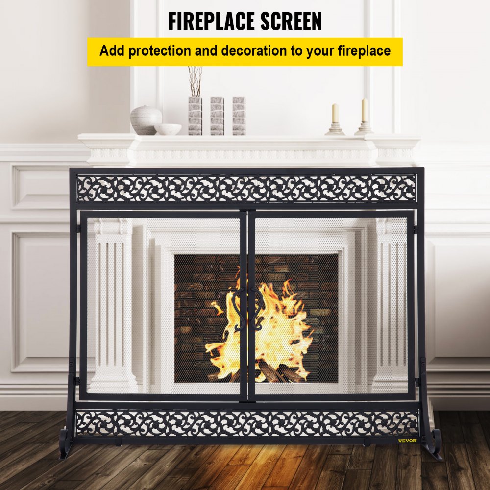 VEVOR Fireplace Screen, 39 x 31 Inch, Double Door Iron Freestanding Spark Guard with Support, Metal Mesh Craft, Broom Tong Shovel Poker Included for Fireplace Decoration & Protection, Black