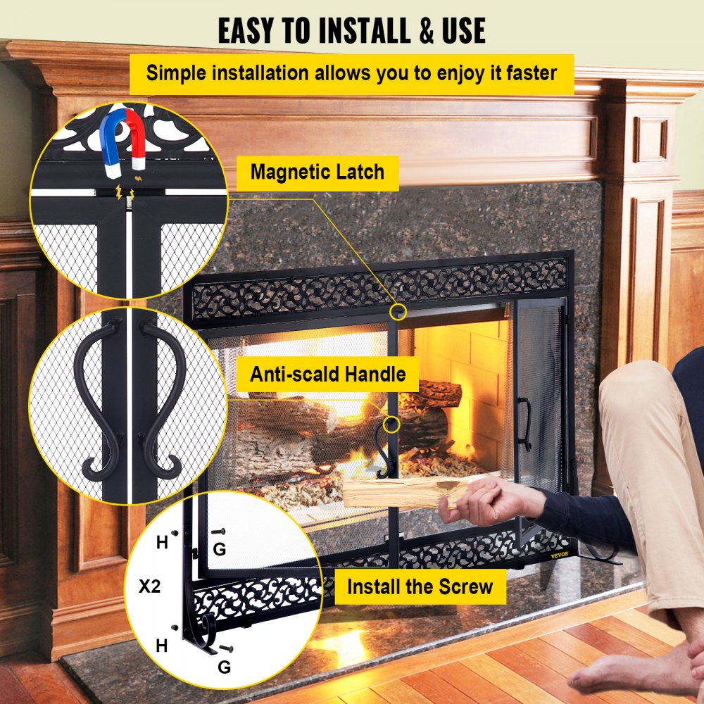 VEVOR Fireplace Screen, 39 x 31 Inch, Double Door Iron Freestanding Spark Guard with Support, Metal Mesh Craft, Broom Tong Shovel Poker Included for Fireplace Decoration & Protection, Black