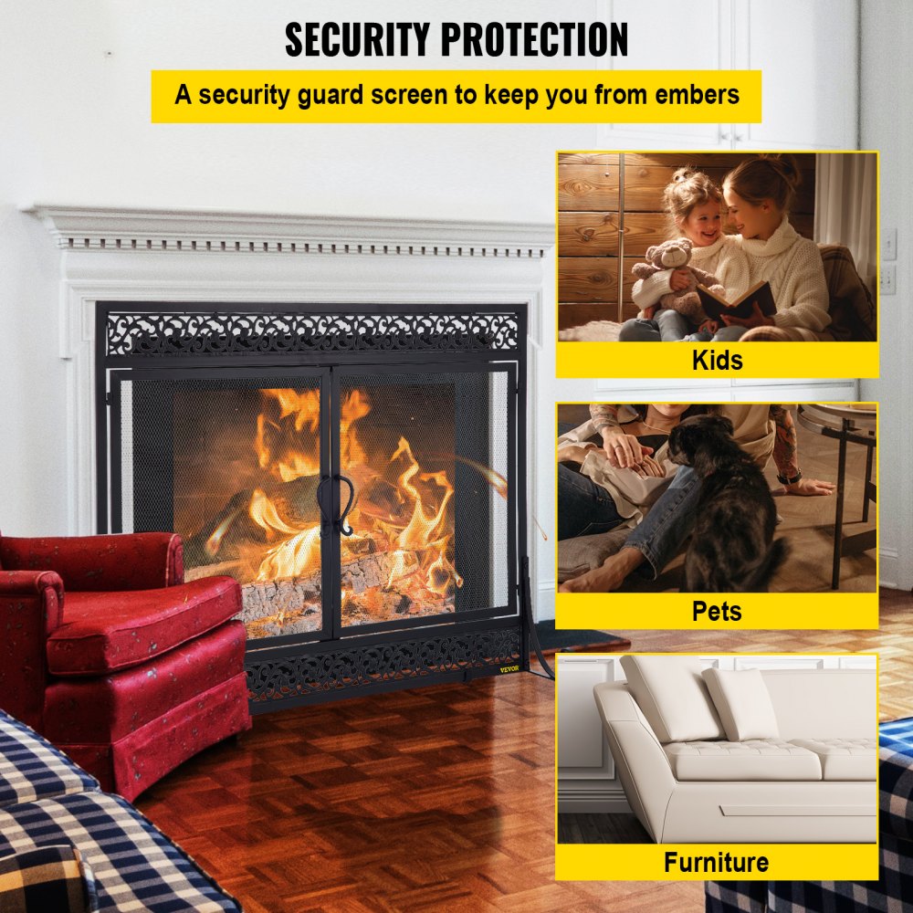 VEVOR Fireplace Screen, 39 x 31 Inch, Double Door Iron Freestanding Spark Guard with Support, Metal Mesh Craft, Broom Tong Shovel Poker Included for Fireplace Decoration & Protection, Black