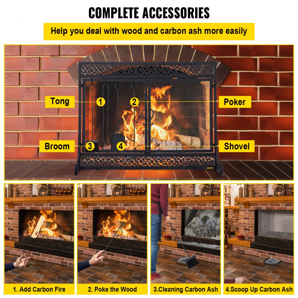 VEVOR Fireplace Screen, 39 x 31 Inch, Double Door Iron Freestanding Spark Guard with Support, Metal Mesh Craft, Broom Tong Shovel Poker Included for Fireplace Decoration & Protection, Black