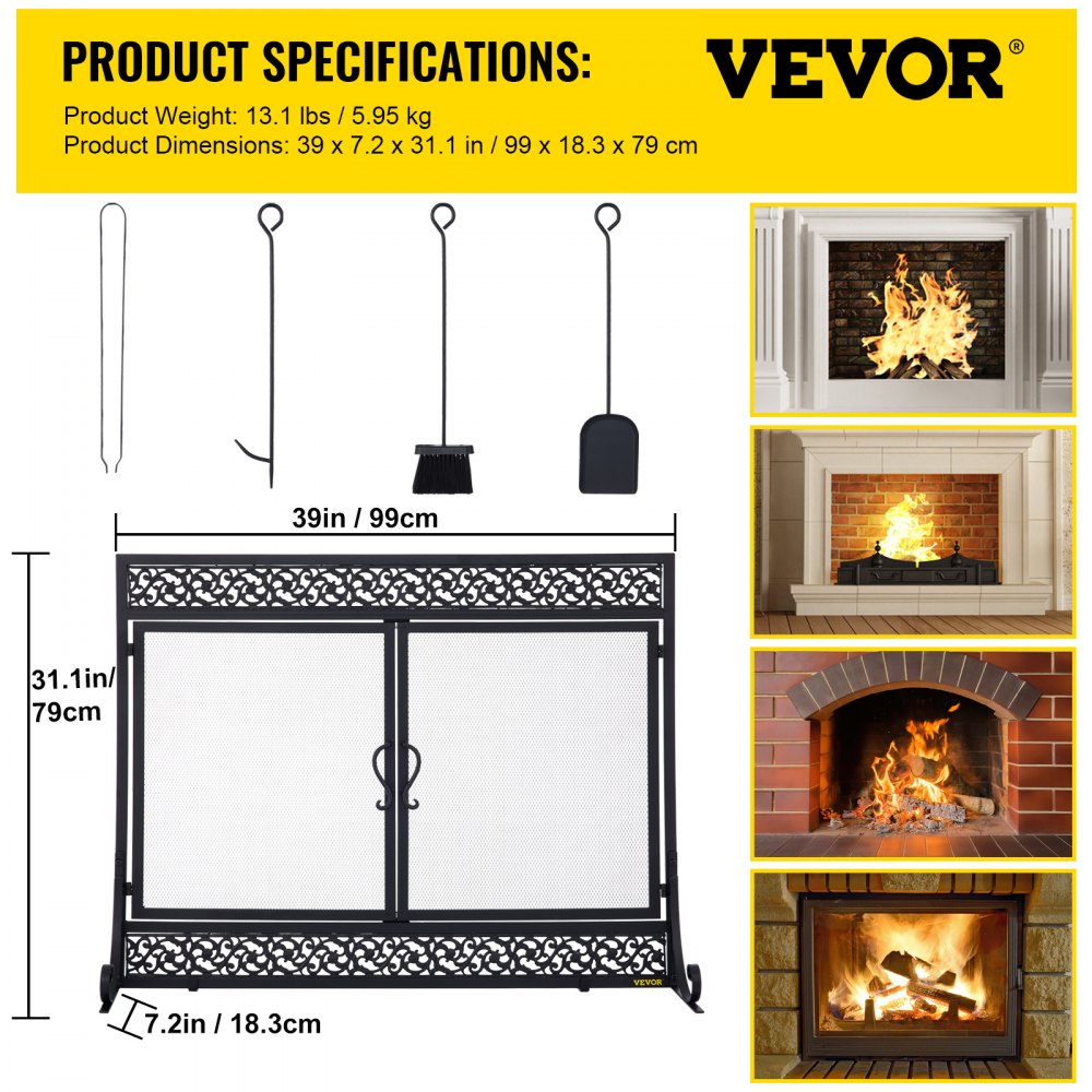 VEVOR Fireplace Screen, 39 x 31 Inch, Double Door Iron Freestanding Spark Guard with Support, Metal Mesh Craft, Broom Tong Shovel Poker Included for Fireplace Decoration & Protection, Black