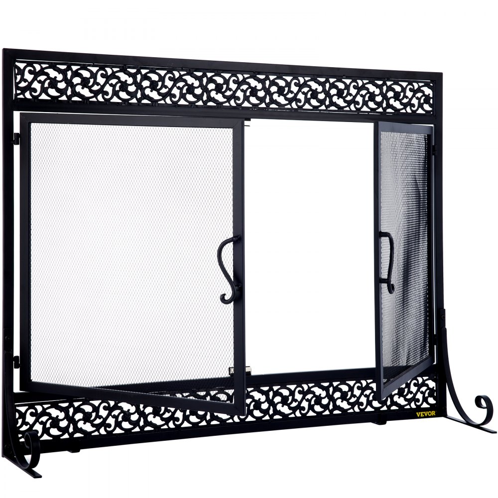 VEVOR Fireplace Screen, 39 x 31 Inch, Double Door Iron Freestanding Spark Guard with Support, Metal Mesh Craft, Broom Tong Shovel Poker Included for Fireplace Decoration & Protection, Black
