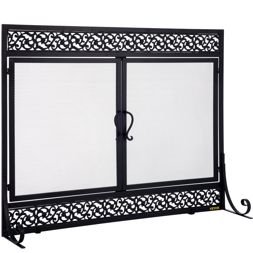 VEVOR Fireplace Screen, 39 x 31 Inch, Double Door Iron Freestanding Spark Guard with Support, Metal Mesh Craft, Broom Tong Shovel Poker Included for Fireplace Decoration & Protection, Black