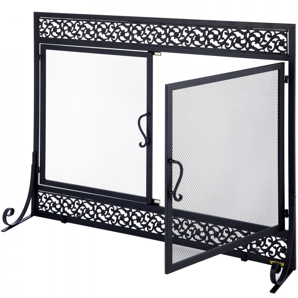 VEVOR Fireplace Screen, 39 x 31 Inch, Double Door Iron Freestanding Spark Guard with Support, Metal Mesh Craft, Broom Tong Shovel Poker Included for Fireplace Decoration & Protection, Black
