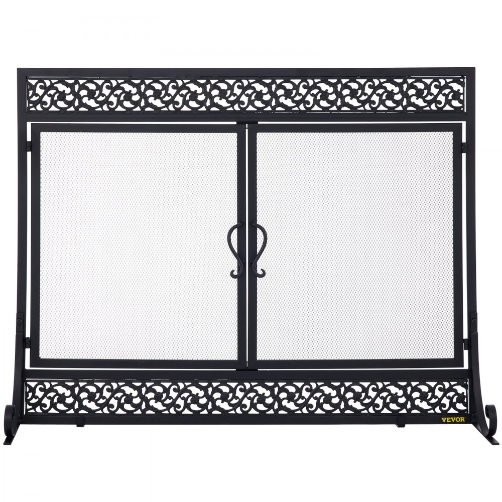 VEVOR Fireplace Screen, 39 x 31 Inch, Double Door Iron Freestanding Spark Guard with Support, Metal Mesh Craft, Broom Tong Shovel Poker Included for Fireplace Decoration & Protection, Black
