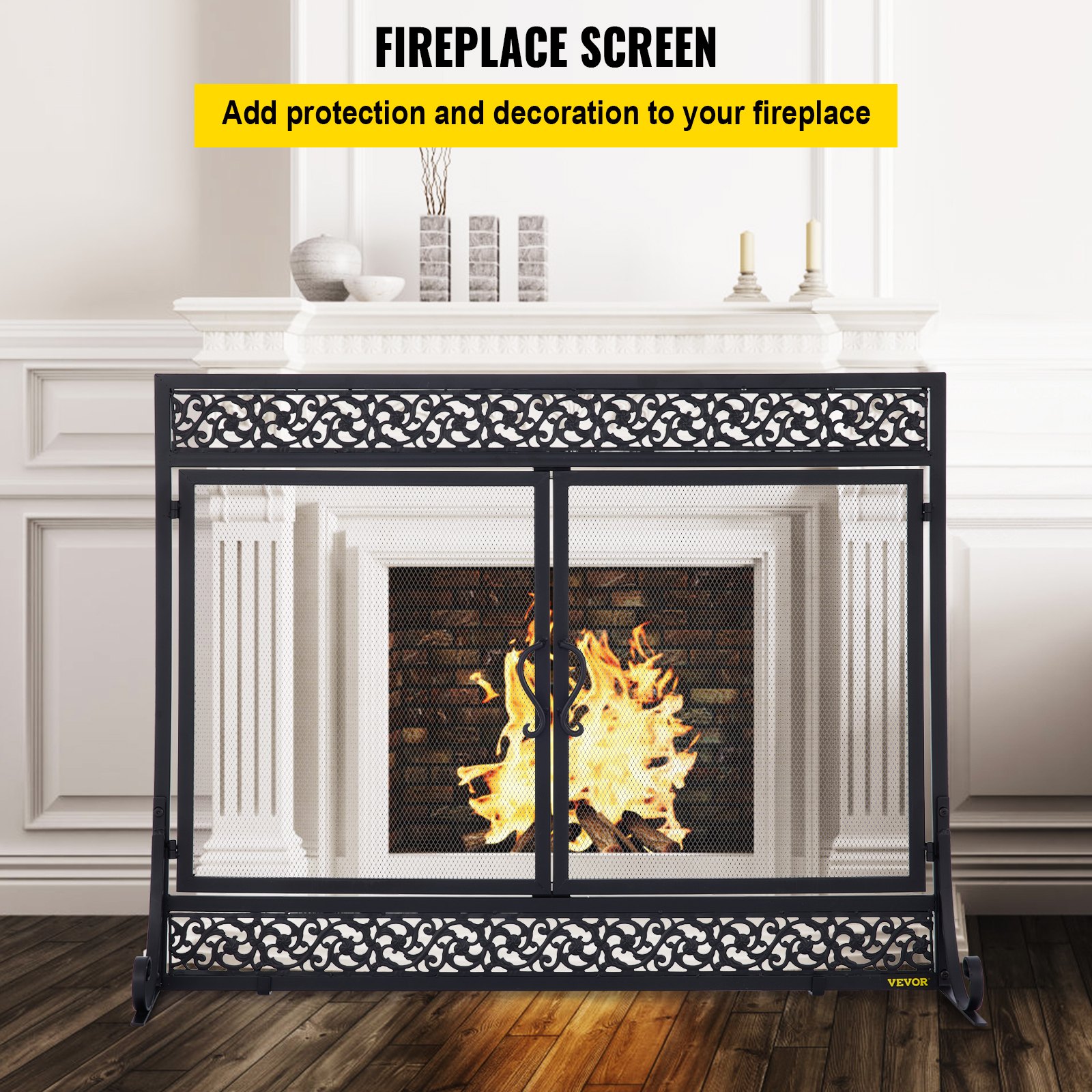 VEVOR Fireplace Screen, 39 x 31 Inch, Double Door Iron Freestanding Spark Guard with Support, Metal Mesh Craft, Broom Tong Shovel Poker Included for Fireplace Decoration & Protection, Black