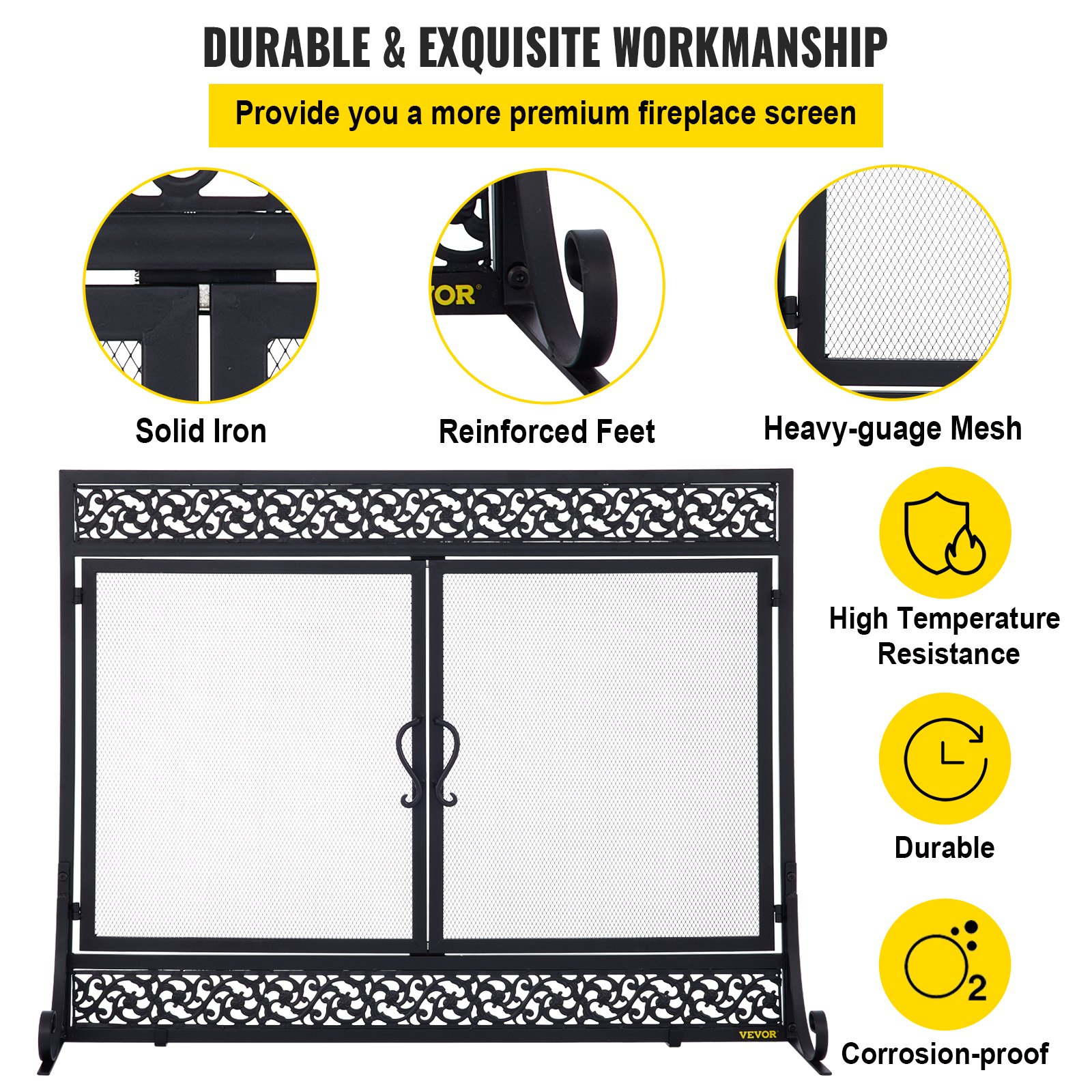 VEVOR Fireplace Screen, 39 x 31 Inch, Double Door Iron Freestanding Spark Guard with Support, Metal Mesh Craft, Broom Tong Shovel Poker Included for Fireplace Decoration & Protection, Black